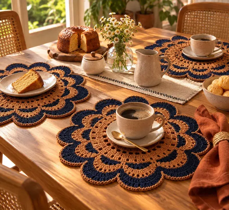 Crochê Floral em Caramelo e Azul-Marinho