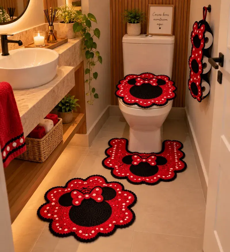 Crochê vermelho e preto para lavabo