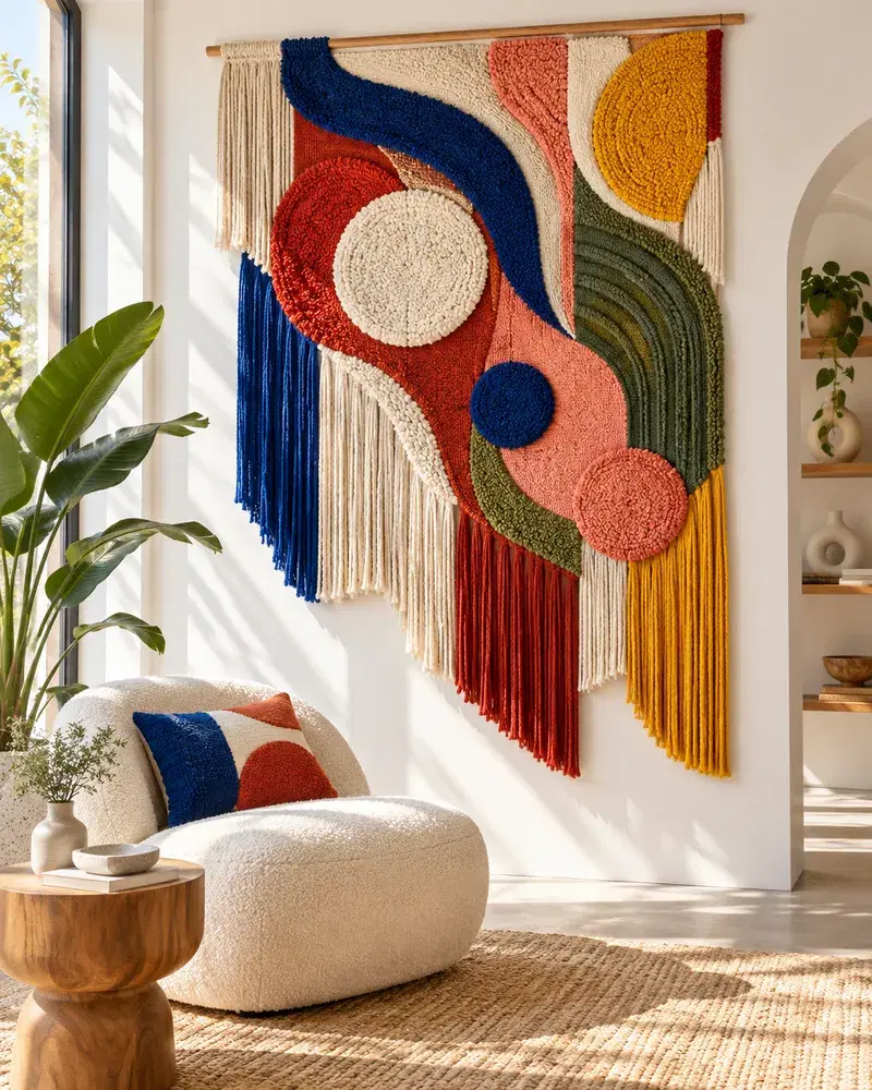 Sala moderna com tapeçaria vibrante