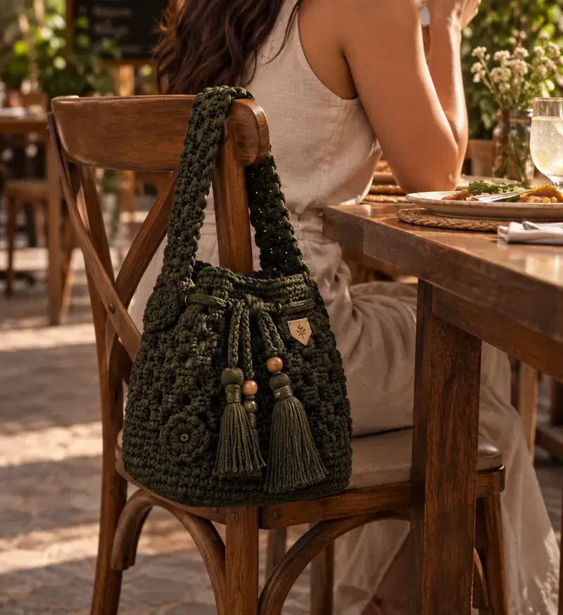 Bolsa artesanal em macramê no restaurante