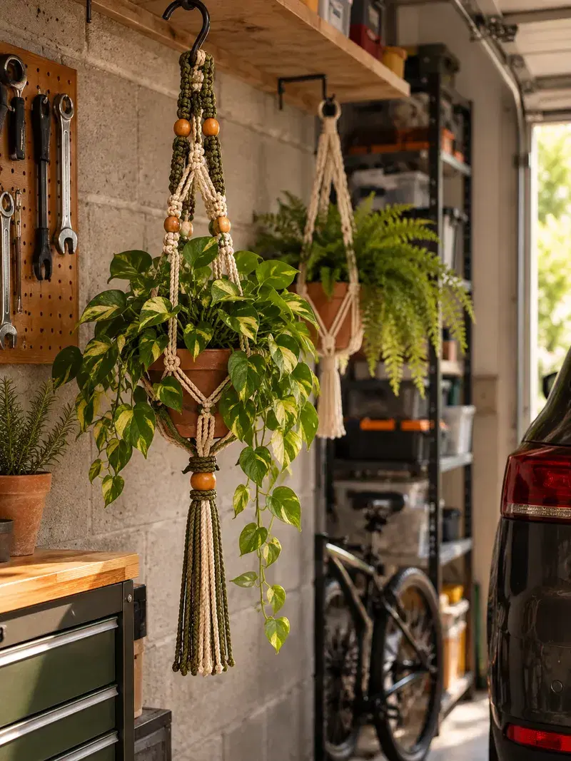 Suporte de macramê com plantas na garagem