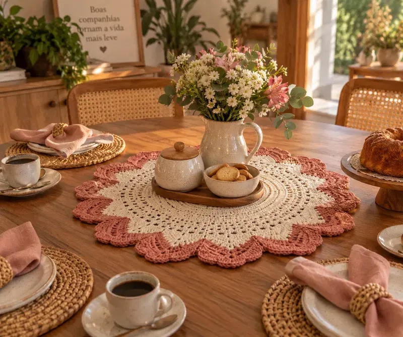 Centro de mesa em crochê para o café da tarde
