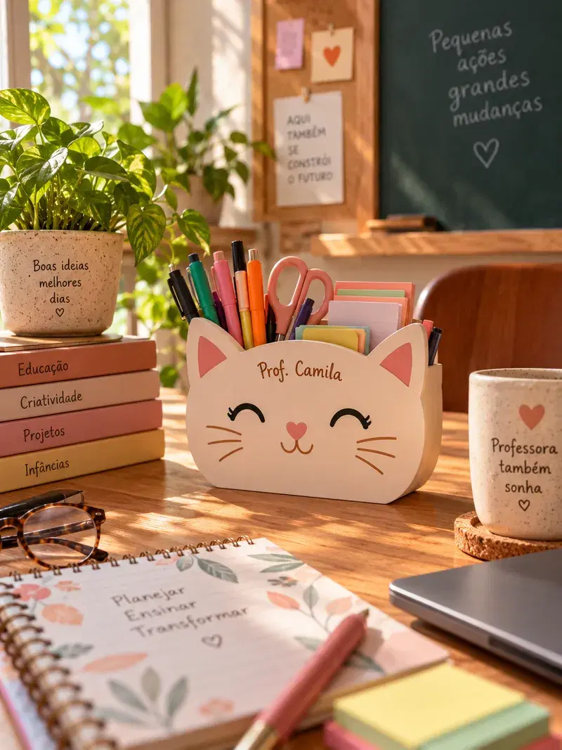Porta-objetos na mesa da professora
