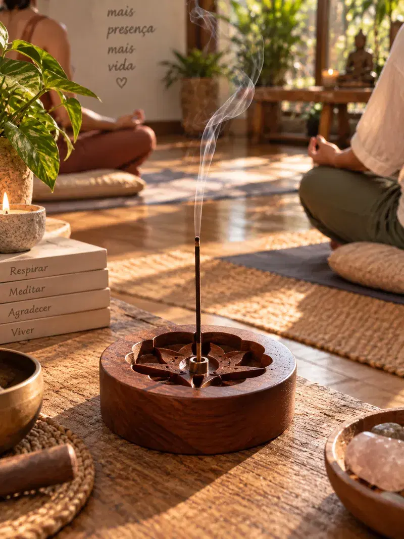 Porta-incenso de madeira na aula de meditação