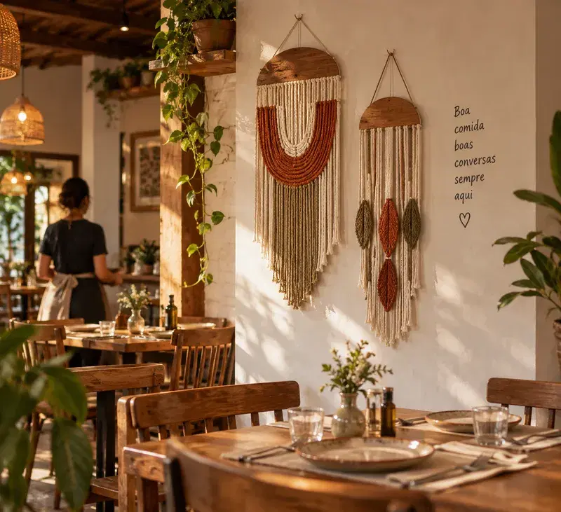 Macramê na parede do restaurante