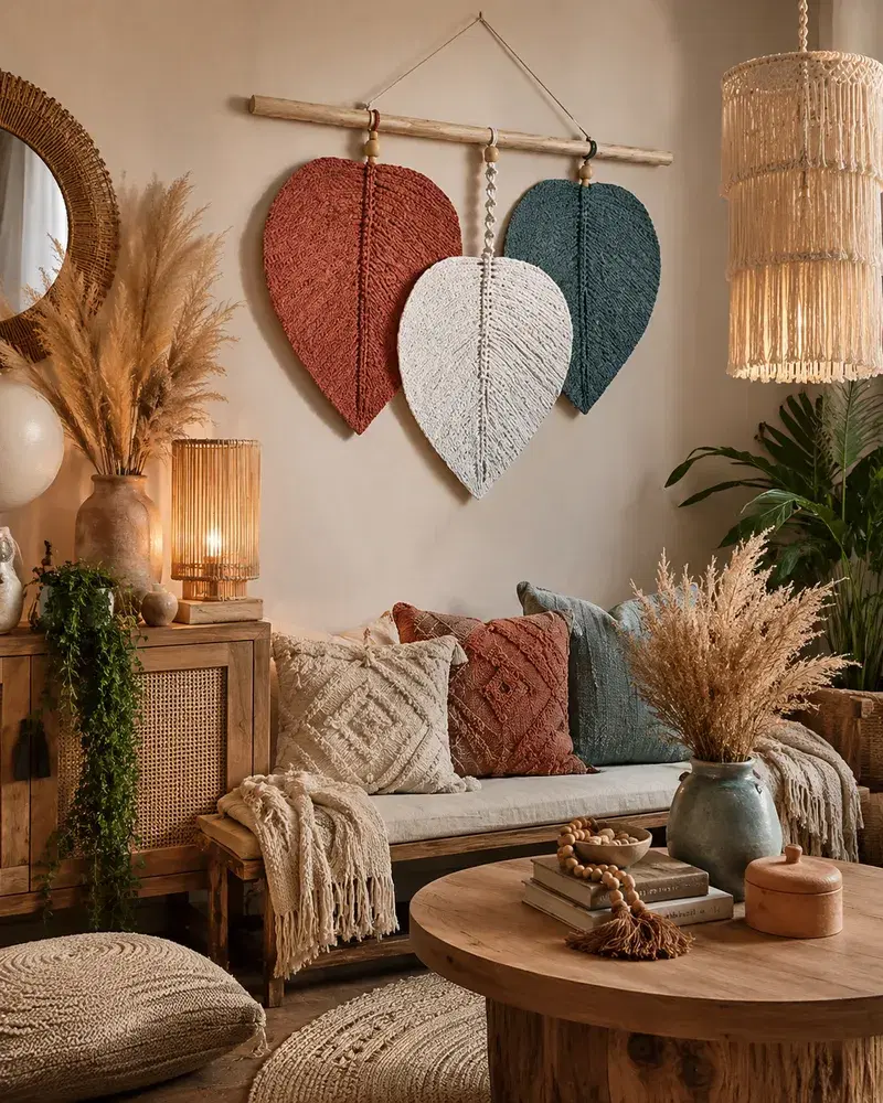 Sala Boho com Painel de Macramê