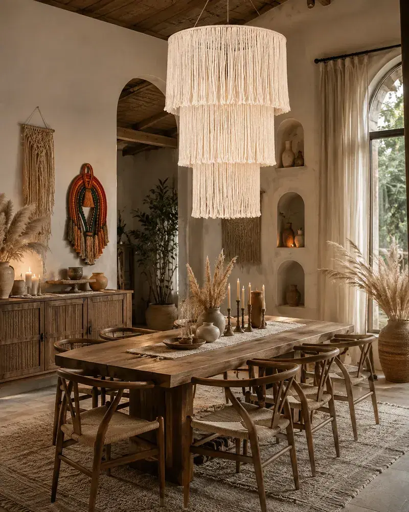 Sala de Jantar Boho com Luminária de Macramê