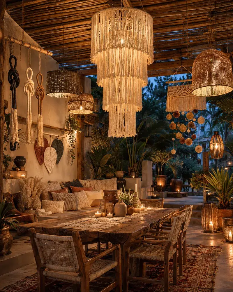 Jantar Boho com Luminárias de Macramê