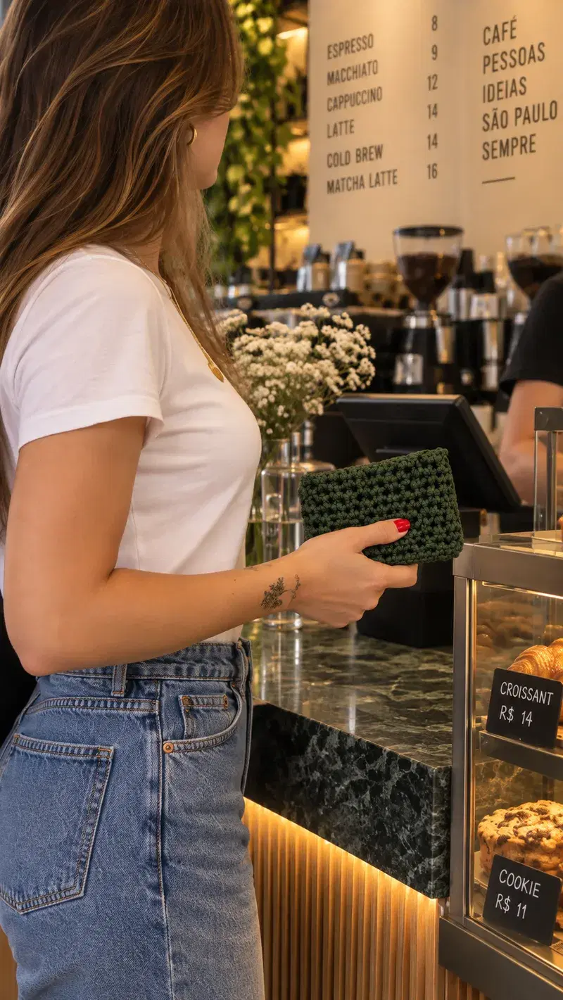 Carteira em macramê com look casual chique