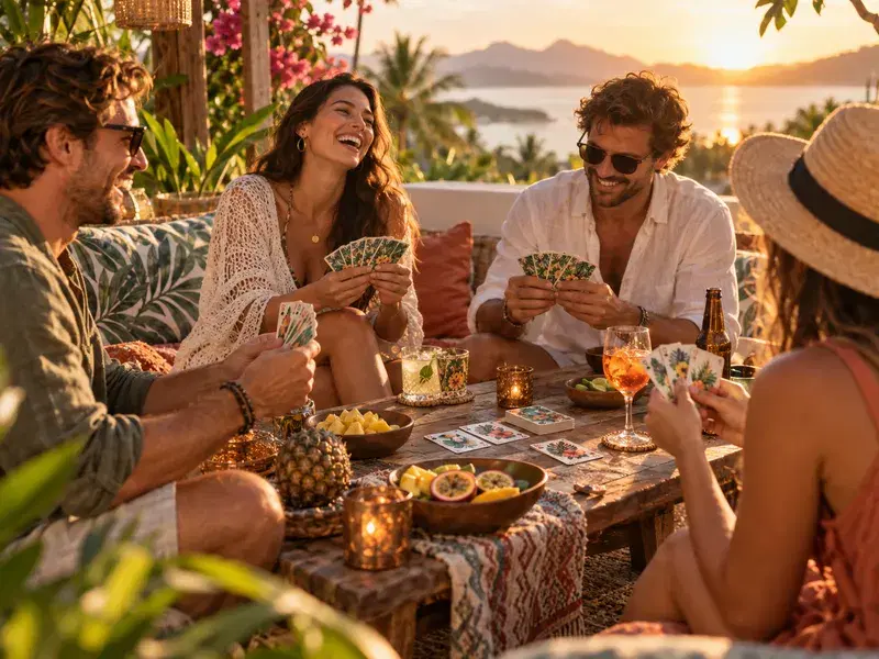 Jogo de cartas ao Pôr do Sol tropical
