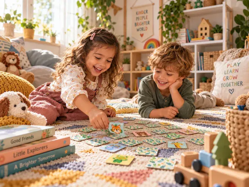 Amigos brincando de jogo da memória no quarto