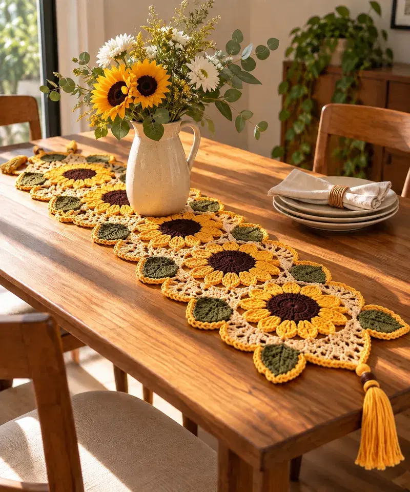 Trilho de mesa de croche com girassois