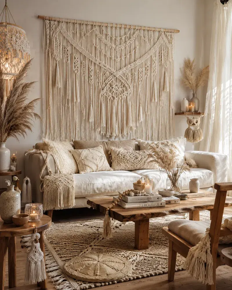 Sala Boho com Grande Painel de Macramê