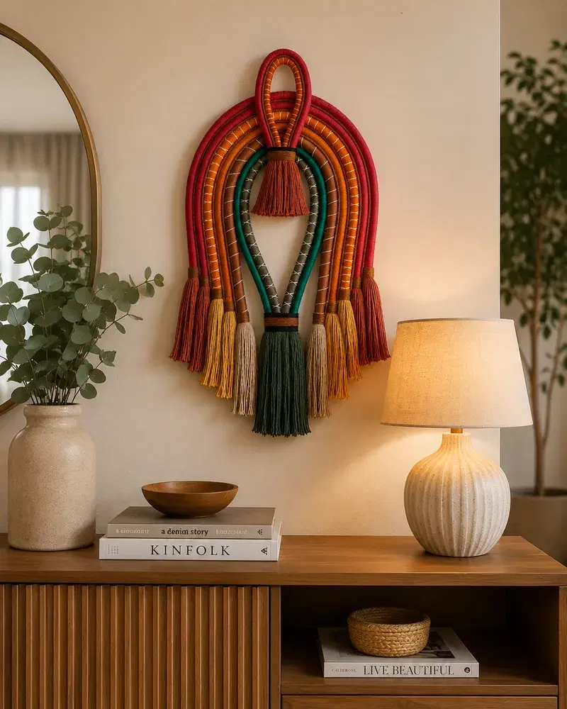 Sala de estar sofisticada com decoração boho artesanal
