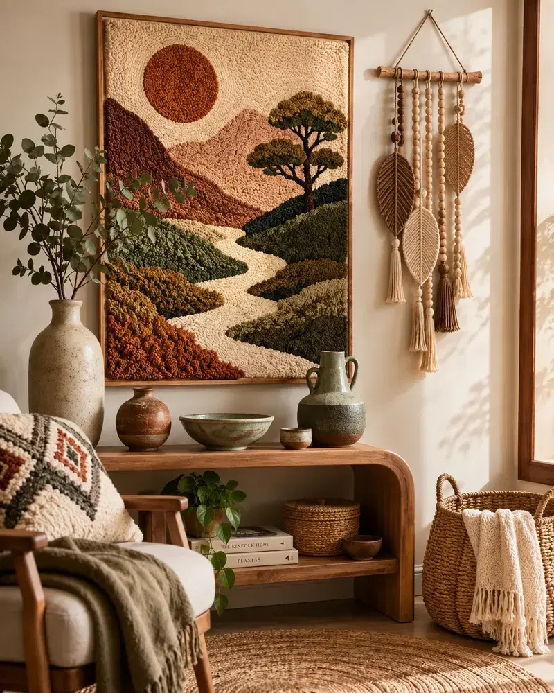 Refúgio natural com arte têxtil e artesanato contemporâneo