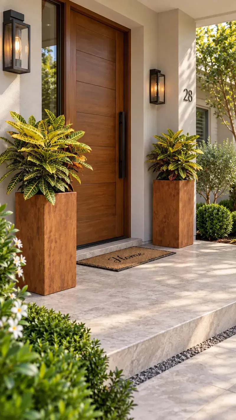 Entrada de casa com vaso em madeira