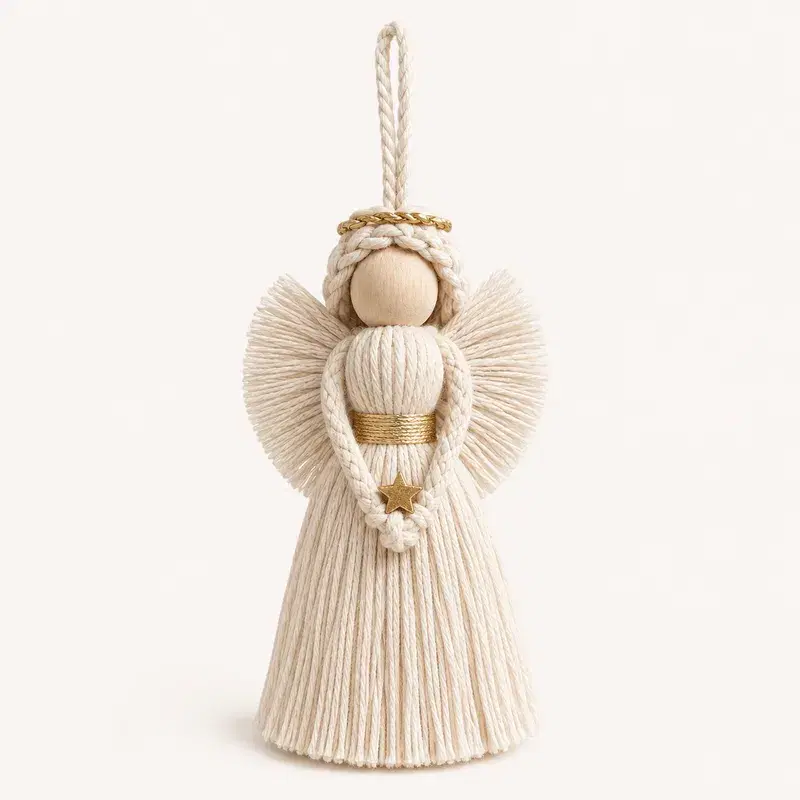 Anjo de Macramê com Detalhes Dourados